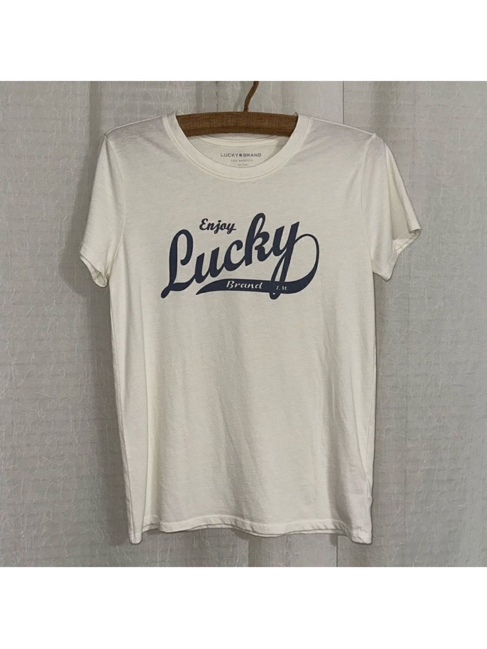 Lucky Brand S Ivory Classic Navy Logo Short Sleeve Tee Cloud Dancer